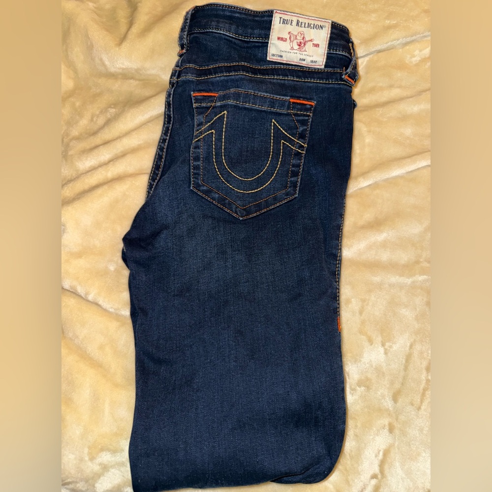 True Religion Women's Becca Indigo Jeans with Orange Stitching
